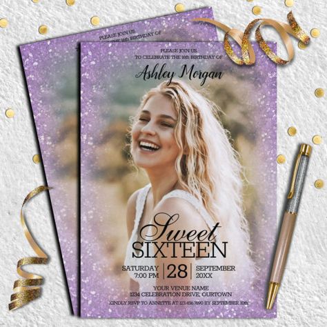 Lavender Glitter Photo Template Sweet 16 Party for $2.95 - Birthday Invitations Teen Girl Birthday Party, Glitter Sweet 16, Teenage Birthday Party, 95 Birthday, Teenager Birthday, Sweet 16 Party, Free Birthday Card, Sweet 16 Gifts