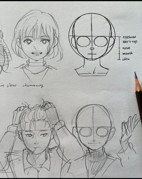 Head Drawing 3/4, Face Anatomy Anime, Art Reference Face Anime, Face Structure Reference Drawing, Anime Face Practice, Head Shapes Drawing Reference, Underhead Perspective, Drawing Face Structure, Chommang Anatomy