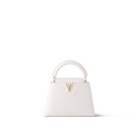 LOUIS VUITTON® - Capucines Mini - Snow Capucines Louis Vuitton Mini, Louis Vuitton Capucines White, Lv Bags Outfit, Louis Vuitton White Bag, Lv White Bag, White Lv Bag, Lv Bags Louis Vuitton Handbags, Capucines Louis Vuitton, White Designer Bag