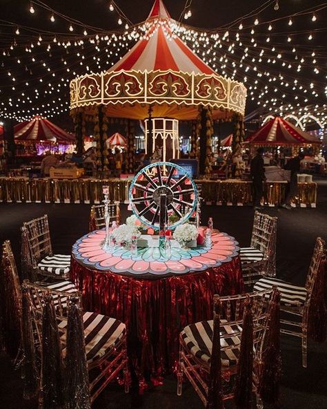 Carnival Themes Are The Next Big Trend In Weddings & We Can Bet You On This! | WeddingBazaar Carnival Wedding Theme, Creative Wedding Centerpieces, Vintage Circus Party, Cocktail Decoration, Halloween Circus, Circus Wedding, Dark Circus, Carnival Wedding, Circus Theme Party