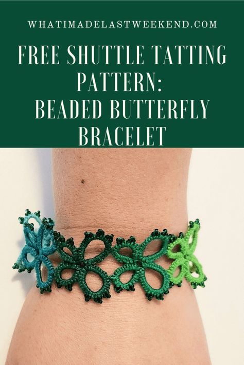 Free shuttle tatting pattern for a beaded butterfly bracelet in multiple colors.🦋 Tatted Butterfly Pattern Free, Free Tatting Patterns In English, Tatting Necklace Pattern Free, Shuttle Tatting Patterns Free, Tatted Bracelet Pattern, Beaded Butterfly Bracelet, Tatting Bracelet, Tatting Ideas, Tatted Jewelry