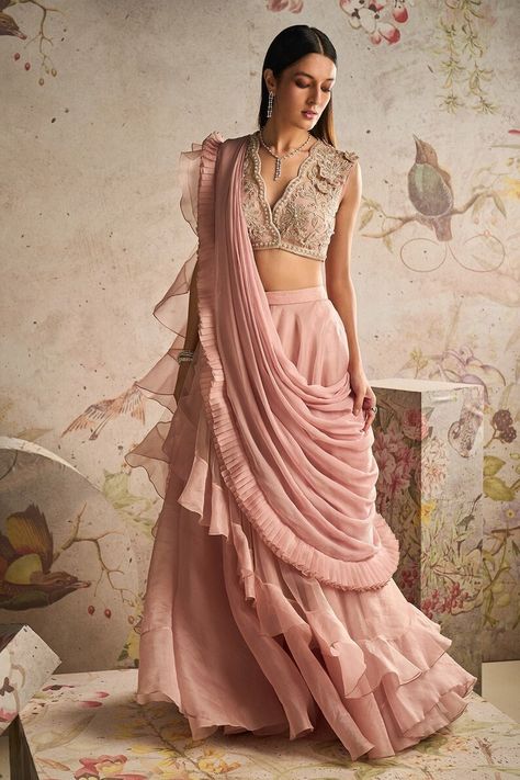 Buy Pre-drape Ready to Wear Organza Ruffle Saree With Simple Same Online in India - Etsy Net Sharara, Organza Sharara, Drape Sarees, Ridhi Mehra, Ruffle Saree, Drape Saree, Ruffle Fabric, Embroidered Crop Tops, Dream Wedding Ideas Dresses