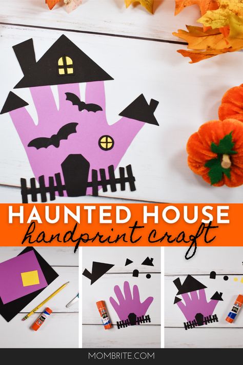 Halloween Activities Preschool Crafts, Handprint Haunted House, Halloween Art Preschoolers, Halloween Classroom Crafts Kindergarten, Haunted House Handprint Craft, Halloween Crafts Handprint, Spooky Preschool Crafts, H Is For Handprint Craft, Halloween Craft Prek