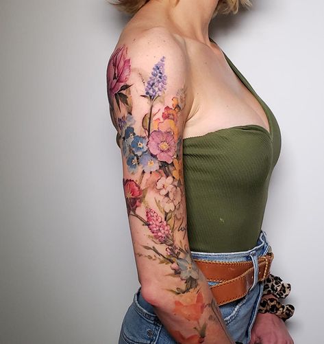 Flower Tattoos Bicep Women, Floral Half Sleeve Tattoo Forearm Color, Color Flower Bouquet Tattoo, Group Of Flowers Tattoo, Wildflower Color Tattoo, Floral Bouquet Tattoo Placement, Colorful Half Sleeve Tattoos For Women, Womens Floral Sleeve Tattoo, Wildflower Shoulder Tattoo