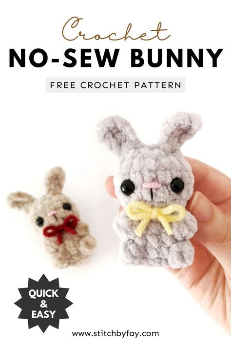 No-Sew Crochet Bunny Pattern (Free!) Amigurumi Patterns, Crochet Plushies No Sew, No Sew Mini Crochet, Crochet No Sew Pattern Free, Crochet No Sew Bunny, Small Bunny Amigurumi Free Pattern, Easy Crochet Rabbit, No Sew Crochet Bear, No Sew Free Amigurumi Pattern