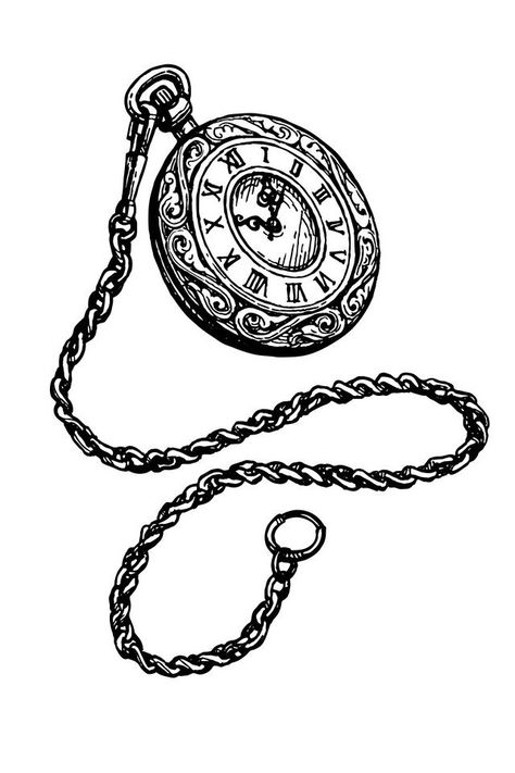 Black and White Antique Pocket Watch Drawing Vintage Pocket Watch Drawing, Orv Pocket Watch Drawing, Stop Watch Drawing, Pocket Watch Sketch, Watch Illustration Design, Pocket Watch Illustration, Pocket Watch Drawing, Pocket Watch Design, Pocket Watch Art