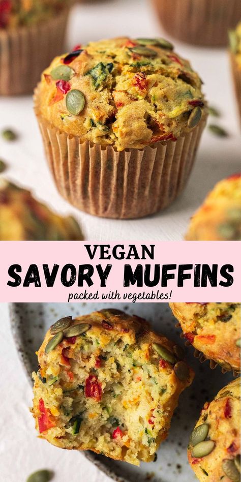 These vegan savoury muffins are moist, packed with vegetables, and come together in one bowl! You can easily customise these muffins to suit your own tastes. Essen, Healthy Savoury Snacks, Lunch Muffins, Vegan Savoury Muffins, Quick Vegan Desserts, Vegan Breakfast Muffins, Elderly Crafts, Savoury Breakfast, Vegan Minimalist