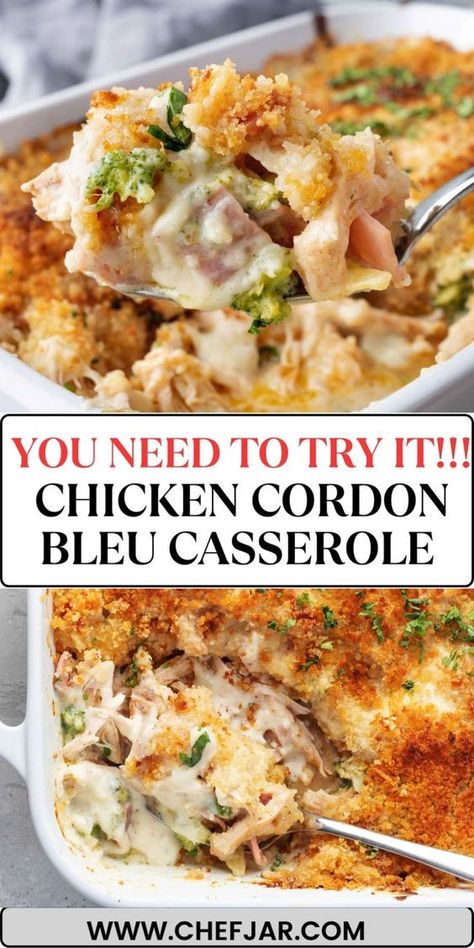 Indulge in the comfort of Chicken Cordon Bleu Casserole, a delicious twist on the classic dish. Layered with tender chicken, ham, creamy sauce, and topped with melted cheese and crispy breadcrumbs, it's a family favorite. Chicken Cordon Blue Casserole, Chicken Cordon Blue, Cordon Blue, Cordon Bleu Casserole, Chicken Cordon Bleu Casserole, Chicken Cordon, Chicken Cordon Bleu, Dinner Casseroles, Easy Casserole Recipes