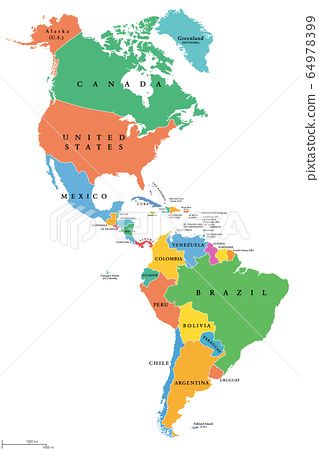 The Americas, single states, political map with national borders. Caribbean, North, Central and South America. Different colored countries with English country names. Illustration over white. Vector. North And South America Map, North America Continent, America Continent, Asia Continent, South America Map, Haile Selassie, America Map, Country Names, North And South