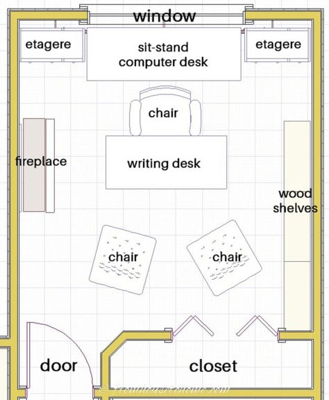 home office floor plan with the desk facing into the room and a window and two bookshelves behind it Office Desk Facing Window, Office Design Plan Layout, Desk Facing Window, Home Office Layout Ideas, Office Layout Plan, Office Layouts, Blue Home Offices, Office Layout Ideas, Home Office Layouts