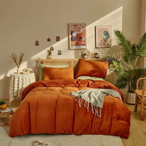 Burnt Orange Bedroom, Cozy Maximalism, Women Cave, Orange Comforter, Cozy Porch, Bedding Comforter Sets, Red Comforter, Burnt Orange Velvet, Cave Room