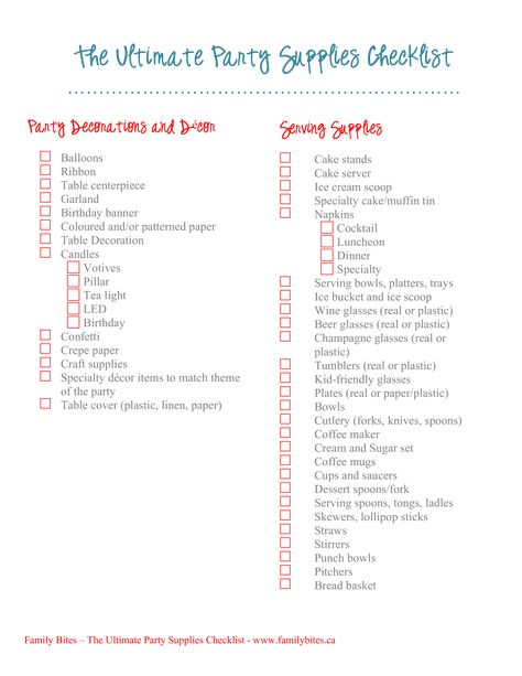 Party Supplies Checklist - How to create a Party Supplies Checklist? Download this Party Supplies Checklist template now! Party Necessities List, Jennie Party, Party Supply List, Supply List Template, Birthday Party Supplies Checklist, Party Supplies Checklist, Birthday Party Checklist, Party Planning Checklist, Party List