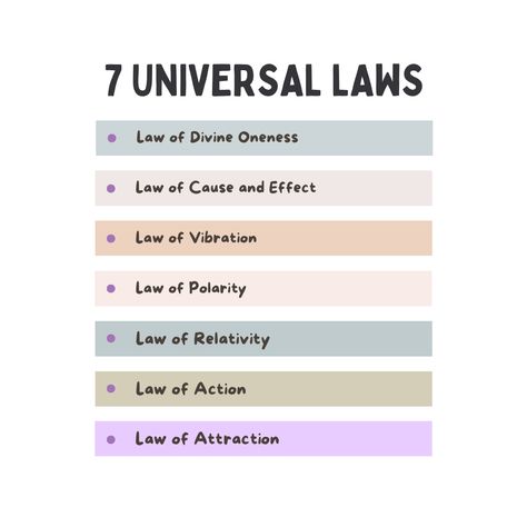 1. Law Of Divine Oneness
2. Law of Cause and Effect
3. Law Of Vibration
4. Law Of Polarity
5. Law of Relativity
6. Law Of Action
7. Law Of Attraction 7 Universal Laws, Law Of Relativity, Law Of Divine Oneness, Law Of Polarity, Law Of Action, Law Of Cause And Effect, Divine Oneness, Law Of Vibration, Universal Laws