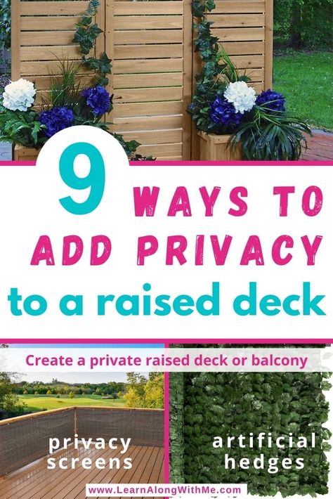 Outdoor privacy ideas for a raised deck or balcony such as privacy screen that attach to your existing railing, artificial hedge rolls that attach to your existing railing, and wooden privacy screens built in with planter boxes. Outdoor Privacy Ideas, Privacy Fence Deck, Privacy Wall On Deck, Deck Privacy Panels, Porch Privacy, Privacy Fence Ideas, Privacy Screen Deck, Privacy Planter, Yard Privacy