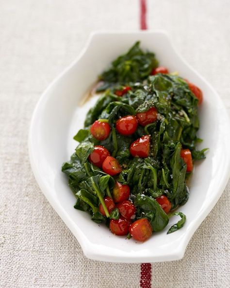 Wilted Spinach and Cherry Tomatoes Cherry Tomato Recipes, Wilted Spinach, Martha Stewart Recipes, Vegetable Side Dishes Recipes, Sauteed Spinach, Vegetable Side, Spinach Recipes, Veggie Side Dishes, Tomato Recipes