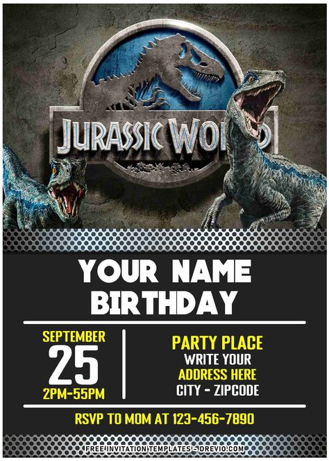 Jurassic World Birthday Invitation, Free Printable Jurassic World Invitation, Jurassic Park Party Invitations, Dinosaur Birthday Invites, Dinosaur Birthday Invitations Free, Jurassic World Birthday, Jurassic Birthday, Dino Party Invitation, Dinosaur Party Ideas