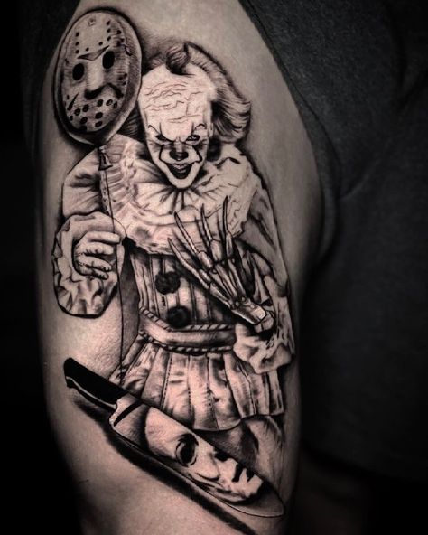 Horror Side Tattoo, Pennywise Eyes Tattoo, Slasher Tattoo Sleeve, Pennywise Tattoo Ideas, It The Clown Tattoo, Pennywise Tattoo Small, Pennywise Tattoo Stencil, John Wick Tattoo Ideas, Pennywise Tattoos