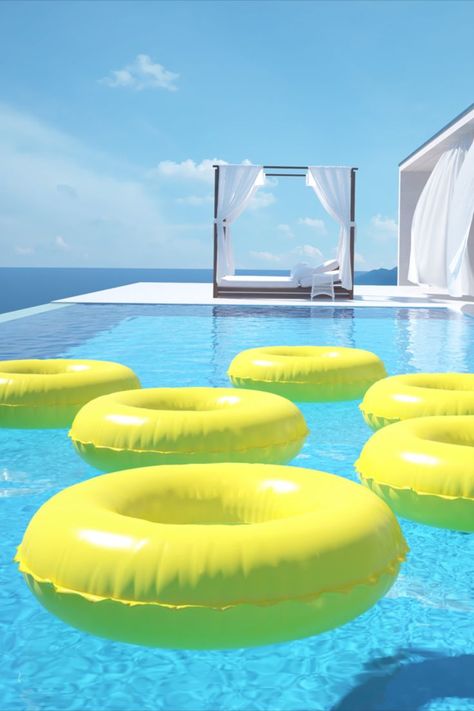 Evening Pool Party, Pool Party Decoration Ideas, Floating Pool Decorations, Pool Decorations, Swan Pool Float, Donut Pool, Floating Pool Lights, Summer Swimming Pool, Floating Decorations