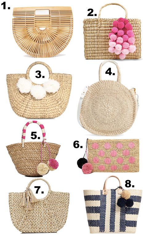 Basket bag, straw tote, best summer beach bags, bamboo arc bag, pom pom tote - 8 summer basket bags you need - click the photo for details! Tas Denim, Summer Basket, Basket Bags, Stylish Petite, Sac Diy, Bamboo Bag, Wicker Bags, Rattan Bag, Straw Bags
