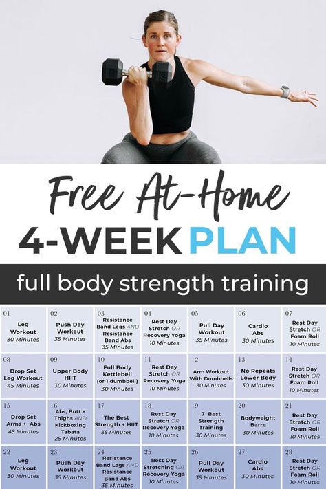 Download your complete 4-Week Workout Plan for women with daily, guided workout videos on YouTube! This FREE Full Body Workout Plan is designed to help you get fitter and stronger at home. Build muscle, burn fat and create a consistent fitness routine you look forward to daily! A complete 4-Week Workout Plan for women; start today, download the free, full body workout plan here! 30 Day Home Workout Plan, Strength Training Calendar For Women, 30 Day Toning Workouts For Women, Full Body Free Weight Workouts For Women, Strength Training Guide For Women Over 40 Workout Plans, Full Gym Workout For Women, 4 30 10 Method Workout, Free Workout Plans For Women, Full Body Dumbbell Workout At Home