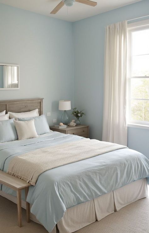 Room Painting Ideas Bedroom Blue, Room Painting Ideas Bedroom Light Colors, Neutral Blue Paint Colors Bedroom, Bedroom Decor Pastel Colors, Simple Bedroom Colors, Blue Paint Room Ideas Bedrooms, Pastel Colour Room Bedrooms, Blue And White Room Bedroom Aesthetic, Pastel Blue Bedroom Walls