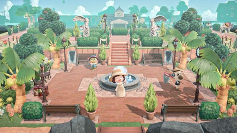 Animal Crossing Plaza Design, Animal Crossing Island Inspo Natural, Tropical Entrance Animal Crossing, Acnh Resort Entrance, Tropical Acnh Entrance, Plaza Design Animal Crossing, Acnh Jungle Entrance, Acnh Entrance City, Animal Crossing Tropical Entrance