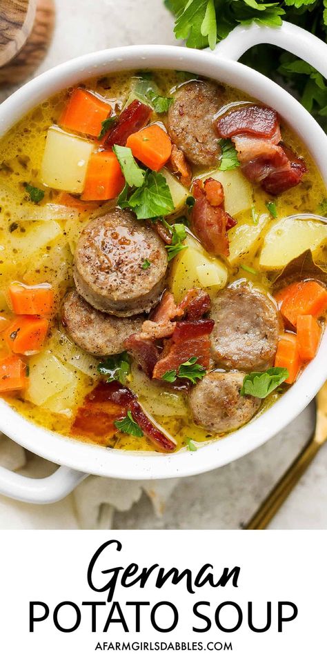 This easy German Potato Soup recipe is lightly creamy and packed with flavor. From the savory sausage and bacon, to the tasty, tender vegetables, you're going to love every spoonful! German Potato Soup, German Potato, German Potatoes, Sausage Soup, Delicious Soup Recipes, Potato Soup Recipe, Soup Dinner, Chowder Recipes, Goulash