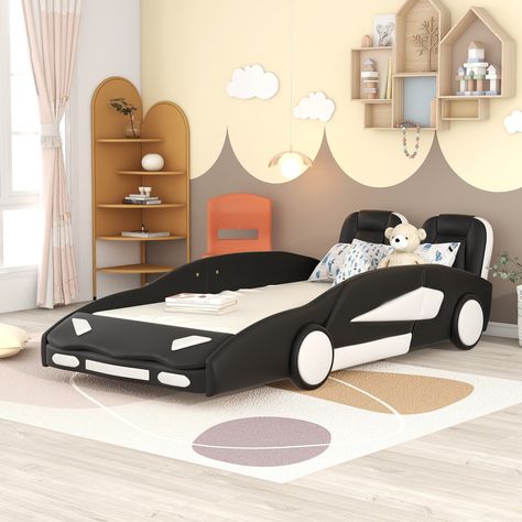 Rev up your child's bedroom with this Race Car Kids Bed. Crafted from high-quality pine wood, MDF, and PU, it combines style with strength. Safety is assured with guardrails, and the bed includes wheels for added fun. Race Car Design, Twin House, Wooden Platform Bed, Bed Upholstered, Twin Platform Bed, Car Bed, Toddler Beds, Standard Bed, Toddler Furniture