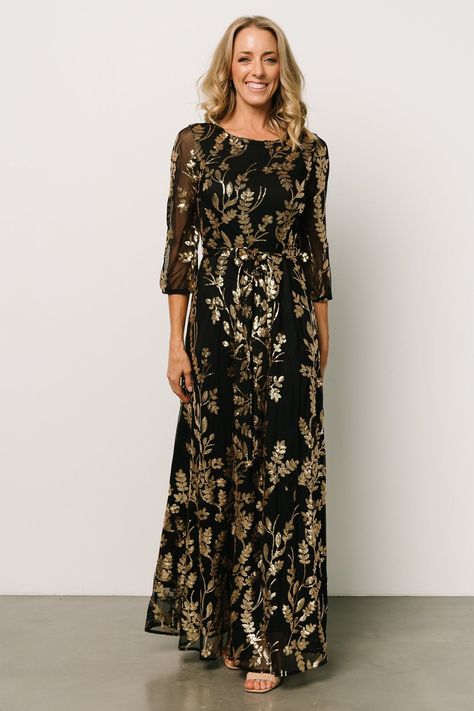 Destiny Sequin Maxi Dress | Black + Gold | Baltic Born Gold Wedding Theme Bridesmaid Dresses, Gold Dresses Formal, Black And Gold Dress Formal, Black Wedding Dress Elegant, Beige Elegant Dresses, Black Sequin Bridesmaid Dress, Gold And Black Gown, Midevil Dress, Gold Long Dress