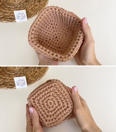 Amigurumi Patterns, Crochet Square Box Free Pattern, Crochetbasket Crochet Basket Pattern, Crochet Small Square Basket Free Pattern, Round Crochet Basket, Crochet Box Free Pattern, Crochet Square Baskets, Crochet Gift Box Free Pattern, Crochet Square Baskets Free Patterns