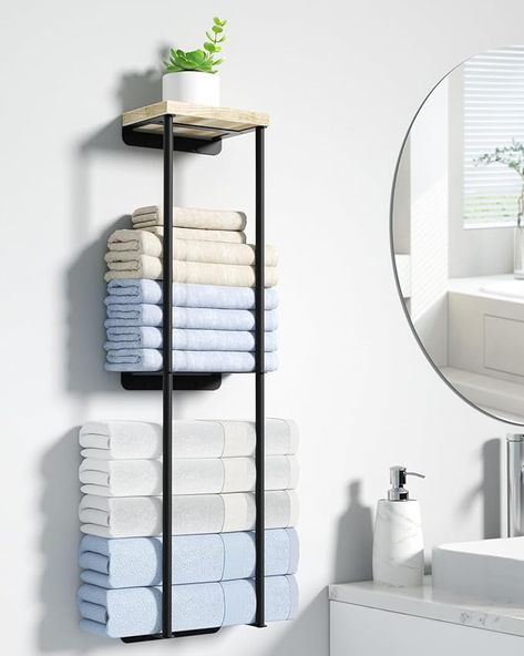 Amazon.com: Nroech Towel Racks for Bathroom, 2 Tier Wall Towel Holder with Wood Shelf, Metal Wall Towel Rack Mounted Towel Storage for Small Bathroom : Home & Kitchen Towel Storage For Small Bathroom, Storage For Small Bathroom, Wall Towel Holder, Wall Towel Rack, Towel Racks For Bathroom, Toallero Ideas, Wall Towel Racks, Bathroom Towel Storage, Towel Shelf