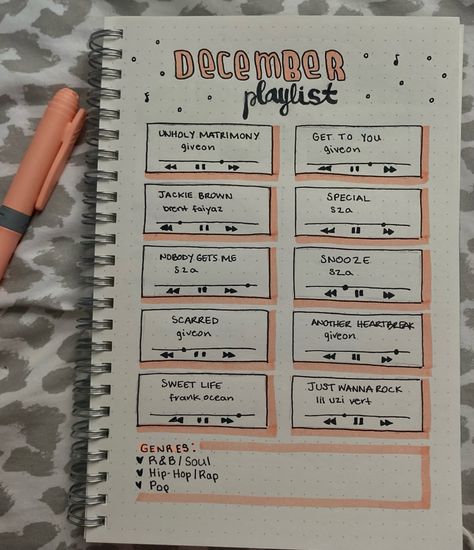 bullet journal inspo ideas playlist december My Life As A Playlist Journal, Journal Inspo Ideas, December Playlist, Bulletin Journal, December Bullet Journal, Jackie Brown, Bulletin Journal Ideas, Notebook Ideas, Bullet Journal Notebook