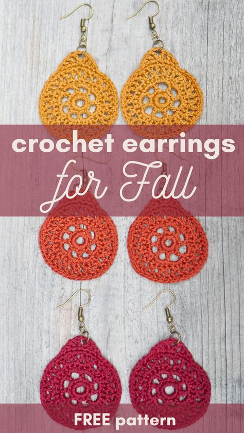 Image of three sets of circular crochet earrings with brass colored hooks. The top pair is mustard yellow, the middle pair is orange, and the bottom pair are red. Overlay text reads crochet earrings for fall free pattern. Earring Crochet Pattern Free, Crochet Heart Earrings Free Pattern, Free Crochet Patterns For Fall, Crochet Fall Earrings, Free Crochet Earrings Patterns, Crocheted Earrings Pattern Free, Free Crochet Earring Patterns, Crochet Jewelry Patterns Free, Crochet Earrings Free Pattern