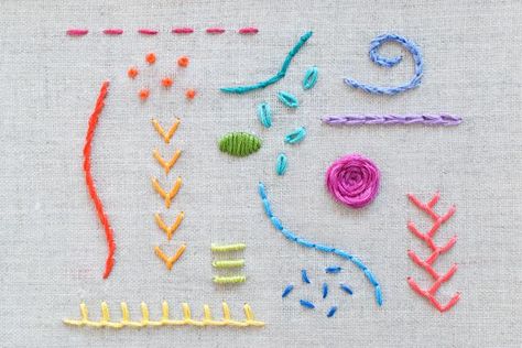 Learning hand embroidery is fun and easy with these 15 essential stitches for beginners and experienced stitchers! Brazilian Embroidery, Broderie Simple, Basic Hand Embroidery Stitches, Diy Broderie, Feather Stitch, Pola Sulam, Learn Embroidery, Folk Embroidery, 자수 디자인