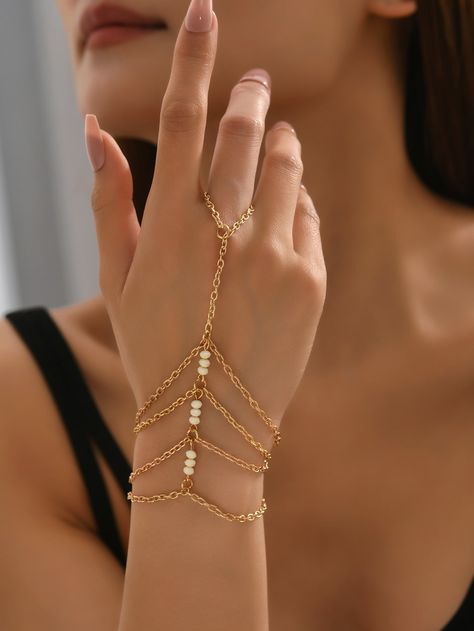 Yellow Gold  Collar  Iron Alloy   Embellished   Women's Fashion Jewelry Ring Hand Bracelet, Fashion Jewelry Necklaces Gold, قلادات متدلية, Neck Pieces Jewelry, Hand Chain Jewelry, Bead Decor, Pretty Jewelry Necklaces, Embellished Fashion, Edgy Jewelry