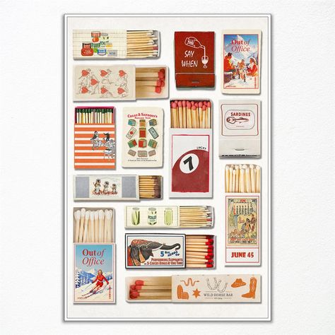 PRICES MAY VARY. 🎨 Elevate your wall decor with our Retro Iconic Matchbox Print, a nod to the timeless charm of vintage matchbook art. This carefully crafted print captures the essence of nostalgia, featuring iconic matchbox designs that bring a touch of retro allure to any space. Available in three sizes: 12x16 inches, 16x24 inches, and 24x36 inches. 🎨 Make a bold statement with our Colorful Matchbook Poster, a vibrant and eye-catching addition to your wall art collection. The poster showcase Coke Wall Art, Match Book Collection Display, Match Book Art, Matches Art, Matchbox Print, Cowboy Boot Print, Matchbox Design, College Living Rooms, Vintage Matchbooks