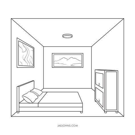 How To Draw Bedroom Perspective, One Point Perspective City Drawing, Inside Of House Drawing, Perspective Line Drawing, Element Of Space In Art, Drawings Of Bedrooms, Inside House Drawing, Bedroom Drawing Easy, How To Draw Rooms