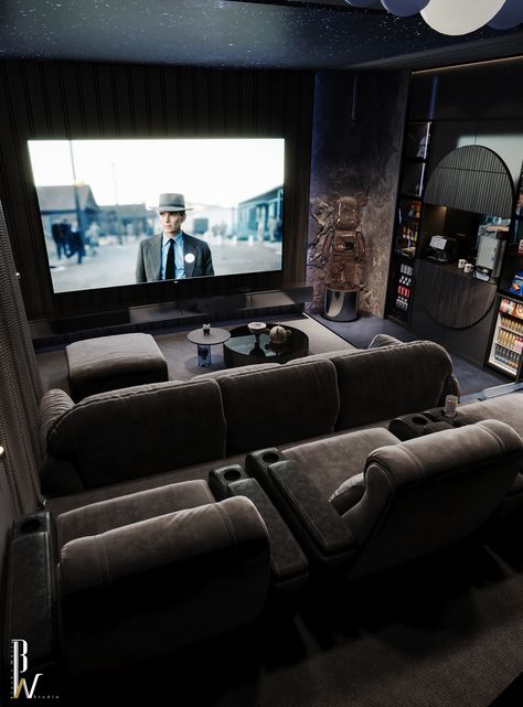 Cinema on Behance Tiny Media Room Ideas, Movie Theater In House, Glass Flooring Ideas, Home Theater Ideas Luxury, Cinema Exterior, Home Theater Room Decor, Movie Theater Basement, Home Cinema Room Small, Small Home Theater Ideas