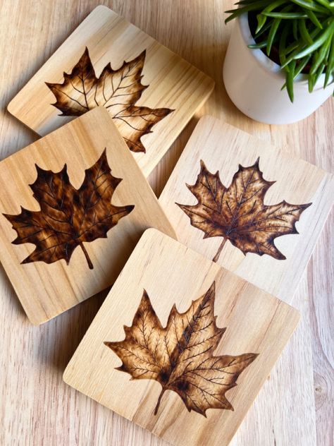 Pyrography Art Coasters with autumn leaves design, danish wood oil finished, hand made Pyrography Designs, Danish Oil Finish, Pyrography Patterns, Laser Cut Wood Crafts, Art Coasters, Woodburning Projects, Pyrography Art, Wood Painting Art, Wood Burning Crafts