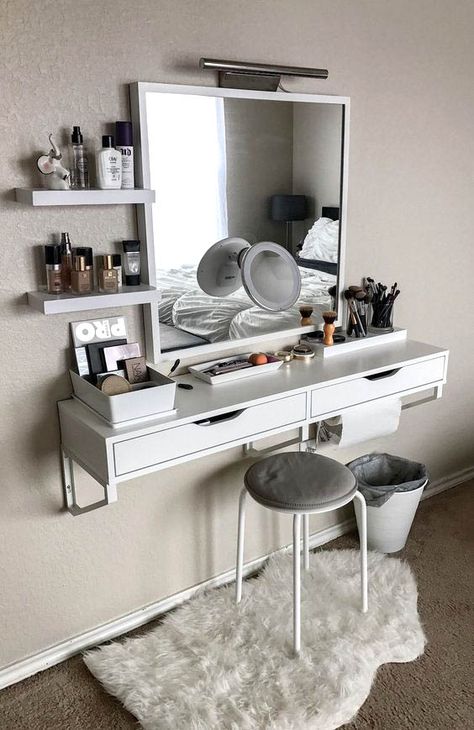 Best Vanity Ideas for small bedrooms #vanity #bedroom #vanitybedroom #makeupvanity #homedecor #decorhomeiedeas Nail Salon Design, Vanity Ideas Bedroom Small, Small Bedroom Vanity, Små Rum Lidt Plads, Floating Shelves Bedroom, Desain Furnitur Modern, Dressing Table Design, Kraf Diy, Vanity Room