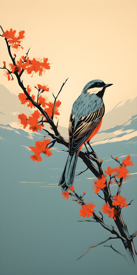 Discover the epitome of serenity in this single, exquisite artwork. It captures a bird perched upon a branch, evoking a sense of peacefulness and balance. Nature's grace and avian beauty are celebrated in this elegant composition. Immerse yourself in the stillness and wonder of the bird's presence, inviting you to appreciate the simple and mesmerizing world of our feathered friends. Artistic Wallpapers, Composition Painting, Simple Artwork, Peace Illustration, Japanese Art Prints, Small Canvas Paintings, Japanese Artwork, Flowers Digital, Peace Art