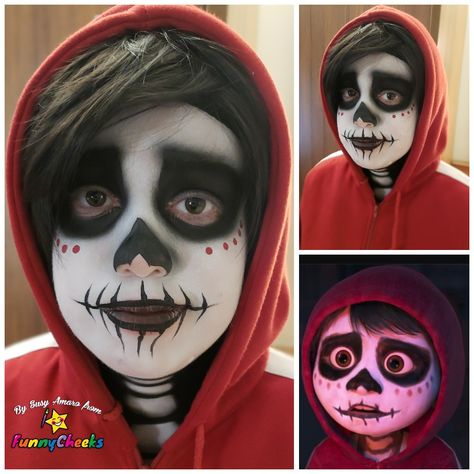 Coco movie face painting Calavera Face Painting, Coco Custome Ideas, Coco Skeleton Makeup, Coco Inspired Makeup, Coco Movie Costume Ideas, Diy Coco Costume, Coco Makeup Disney, Kids Halloween Face Painting Ideas, Coco Face Paint