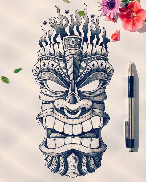 Tiki Design Art, Tiki Head Drawing, Tiki Man Tattoo, Tiki Head Tattoo, Tiki God Tattoo, Tiki Tattoo Hawaiian, Hawaiian Tiki Tattoo, Tiki Mask Drawing, Tiki Mask Tattoo