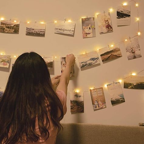 Photo String, Hiasan Perkahwinan, Picture Wall Bedroom, Hiasan Bilik Tidur, Clip String Lights, String Lights In The Bedroom, Memory Wall, Battery String Lights, Clip Lights