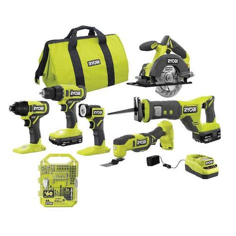 Discover great products at the best prices at Dealmoon. Ryobi ONE+ 18V Cordless 6-Tool Combo Kit with 1.5 Ah and 4.0 Ah Batteries, Charger, and 65-Piece Dri. Price:$219.00 at The Home Depot Ryobi Power Tools, Ryobi Battery, Jig Saw, Tool Bags, Reciprocating Saw, Cordless Tools, Impact Wrench, Impact Driver, Drill Driver