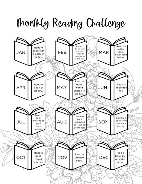 Book A Month Reading Challenge, Book Chart Reading, Yearly Book Challenge, One Book A Month Challenge, Yearly Reading Challenge, Autumn Reading Challenge, 1 Book A Month, Book Trope Challenge, Book Reading Challenge 2023