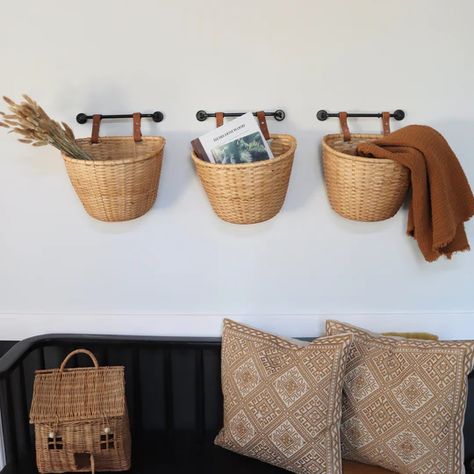 Baskets On Wall Bathroom, Hanging Baskets Entryway, Wall Mounted Baskets, Wall Baskets Storage, Wall Shelf With Baskets, Mud Room Baskets, Basket On Wall, Hanging Wicker Baskets, Small Apartment Hacks