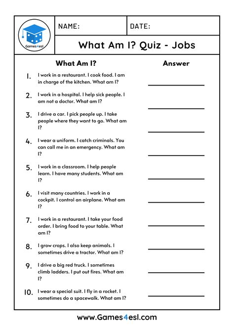 This easy English quiz is great for English lessons about jobs and occupations. This printable quiz has ten 'What Am I?' questions about jobs. Download and use in class today. Who Am I Game Questions, English Quiz With Answer, What Am I Questions, Jobs Worksheets For Kids, Jobs In English, Quiz For Kids, Teach English To Kids, Career Quiz, English Quiz