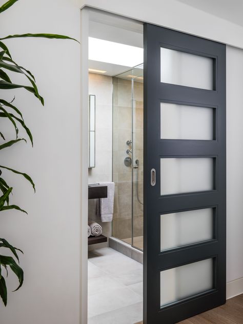 Sliding Bathroom Door Modern, Opaque Glass Doors Bathroom, Sliding Doors For Small Bathrooms, Bathroom Slide Glass Door, Modern Bathroom Door Ideas, Sliding Door Frosted Glass Design, Sliding Door Design For Bathroom, 2 Door Bathroom Ideas, Interior Doors With Glass Panels Modern