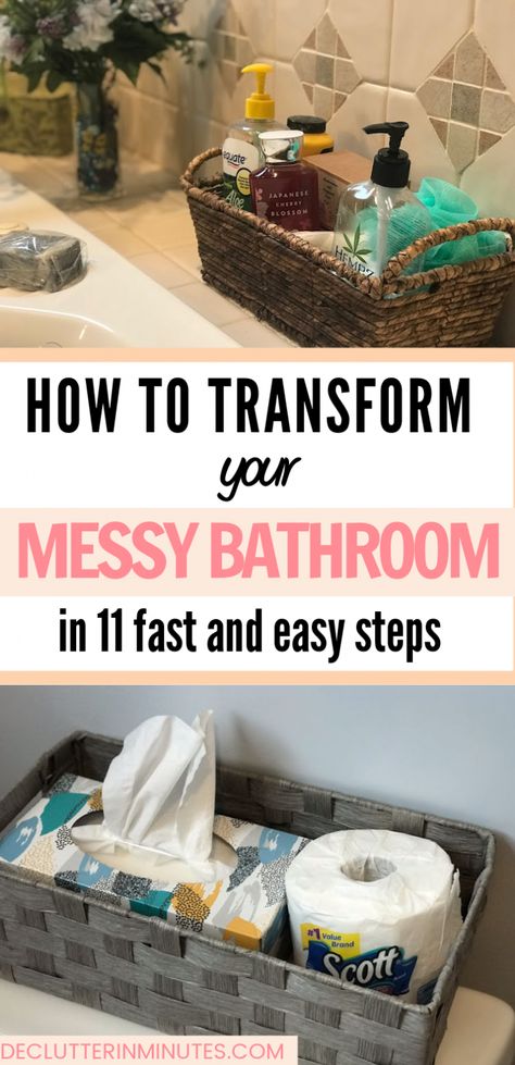 How to Declutter a Room in a Day and turn a messy room into a neat one in record time. Fix a messy room in 24 hours. Quick clutter tips for cleaning out a cluttered room. Clutter tips for quick results. One day decluttering tips. #declutterinday #fastdeclutteringtips Declutter Bathroom Counter, Organizing A Bathroom, Organize Bathroom Counter, Bathroom Designs 2023, Cluttered Bathroom, Cluttered Room, Bathroom Checklist, Messy Bathroom, Declutter Bathroom